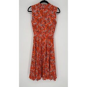 Nanette Lepore Orange Floral Pleated Midi Dress High‎ Neck SZ 2